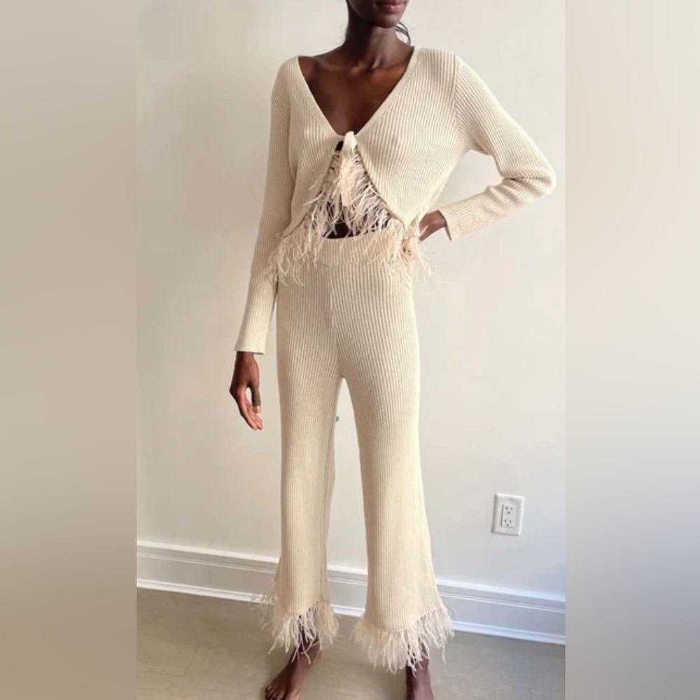 Saylor Korva Matching Sweater and Pant Set  in Oatmeal w Feathers NWT S